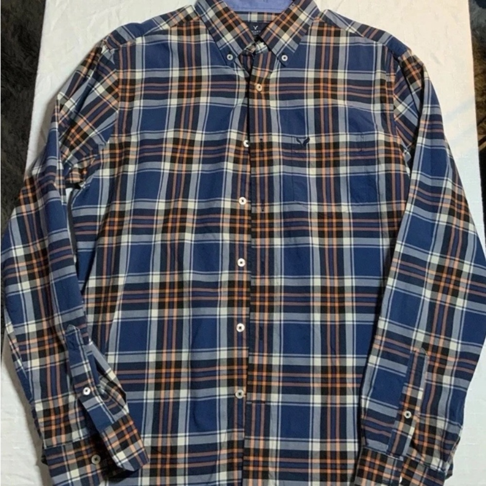 American Eagle Men's Classic Fit Long Sleeve Orange & Blue Flannel Size Medium